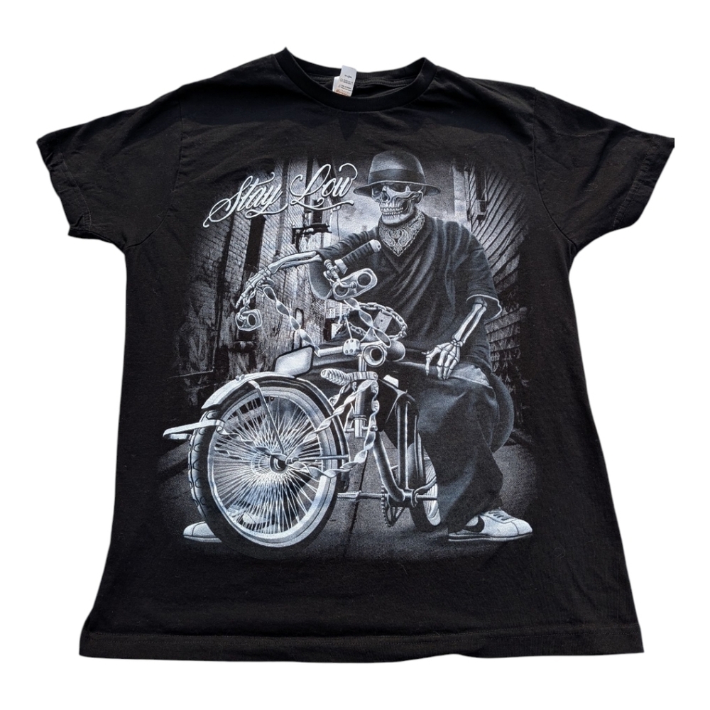 Stay Low Skeleton Lowrider Bike Grim Reaper Graphic Tee Streetwear Small Y2K